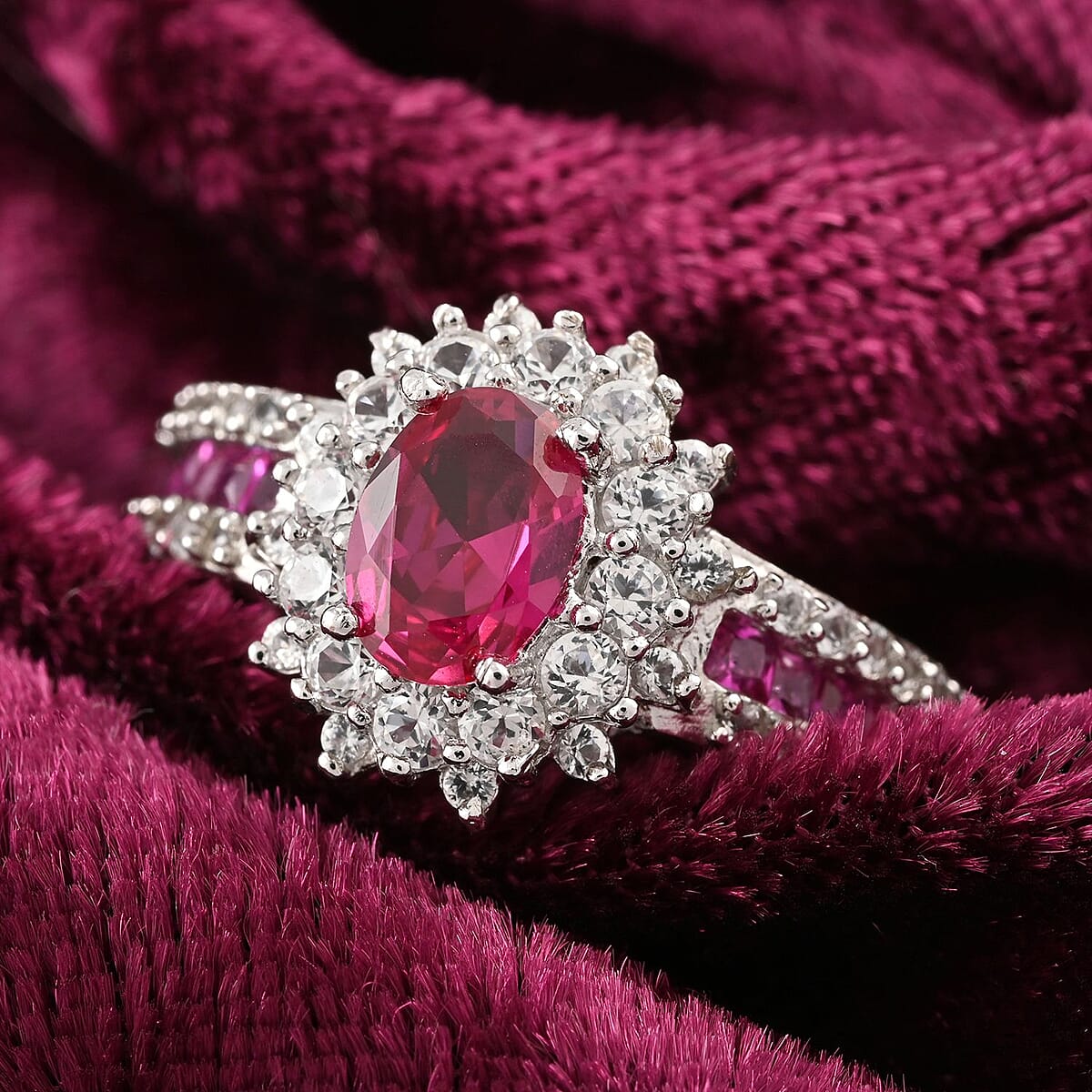 Lab Created Ruby, Simulated Diamond Ring in Rhodium Over Sterling Silver (Size 7.0) (Del. 10-15 Days) 3.20 ctw image number 1