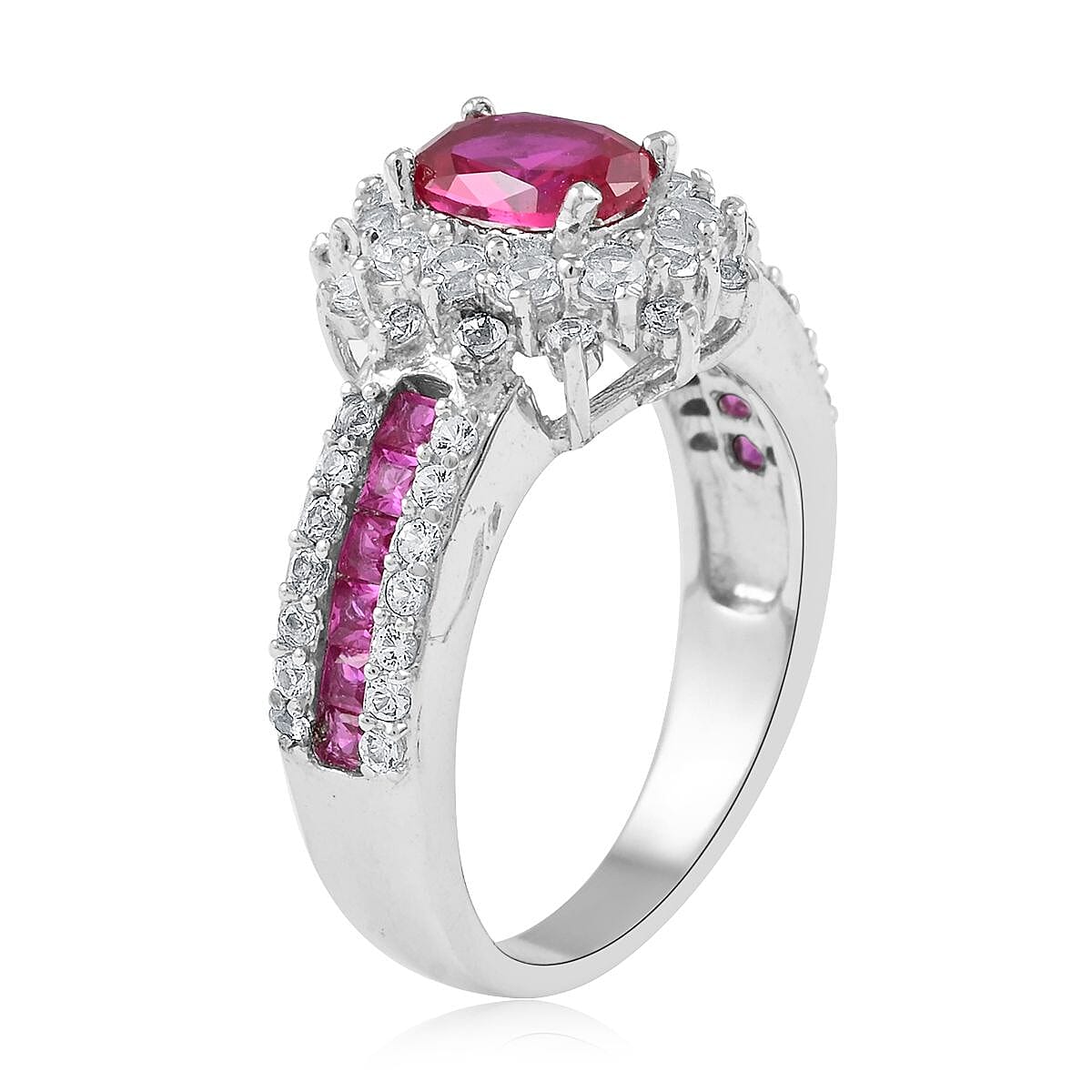 Lab Created Ruby, Simulated Diamond Ring in Rhodium Over Sterling Silver (Size 7.0) (Del. 10-15 Days) 3.20 ctw image number 3