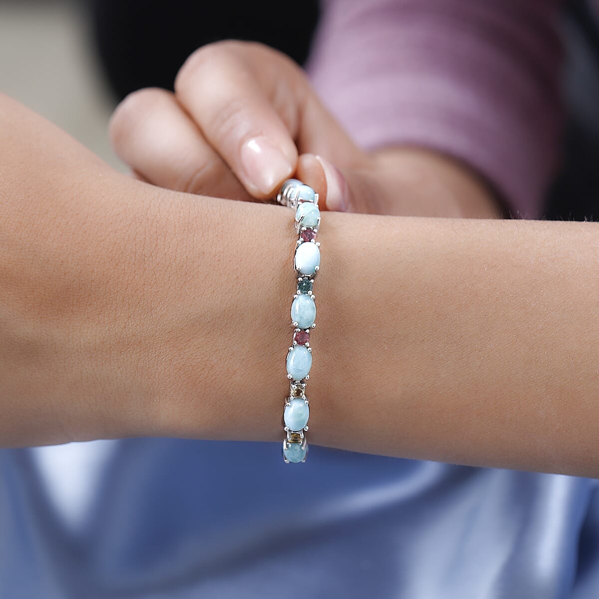 Larimar and Multi-Tourmaline Bracelet in Platinum Over Sterling Silver (8.00 In) 10.70 Grams 18.65 ctw image number 2
