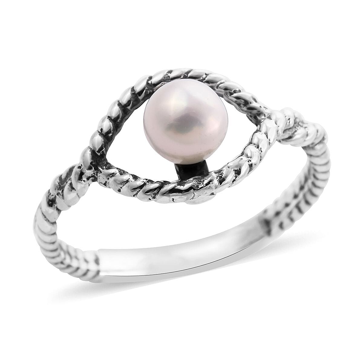 Bali Legacy Freshwater Pearl Evil Eye Protector Ring in Sterling Silver (Size 10.0)