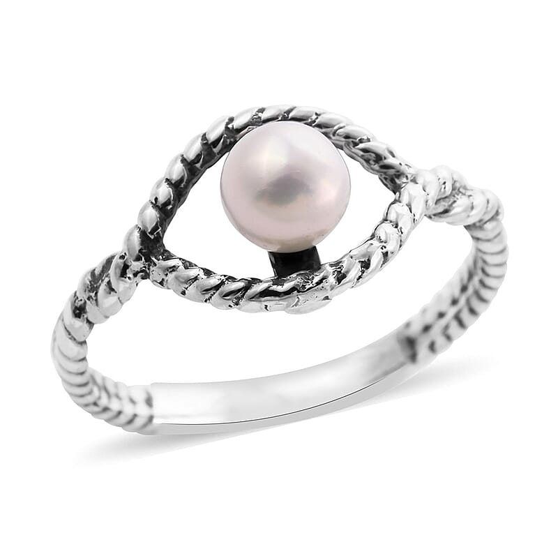 Bali Legacy Freshwater Pearl Evil Eye Protector Ring in Sterling Silver (Size 10.0)