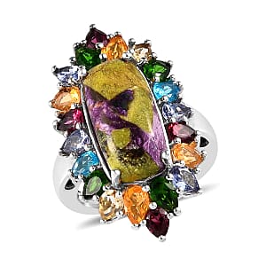 Tasmanian Stichtite and Multi Gemstone Elongated Ring in Platinum Over Sterling Silver (Size 10.0) 8.50 ctw