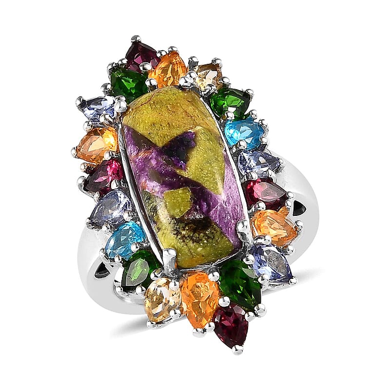 Tasmanian Stichtite and Multi Gemstone Elongated Ring in Platinum Over Sterling Silver (Size 10.0) 8.50 ctw