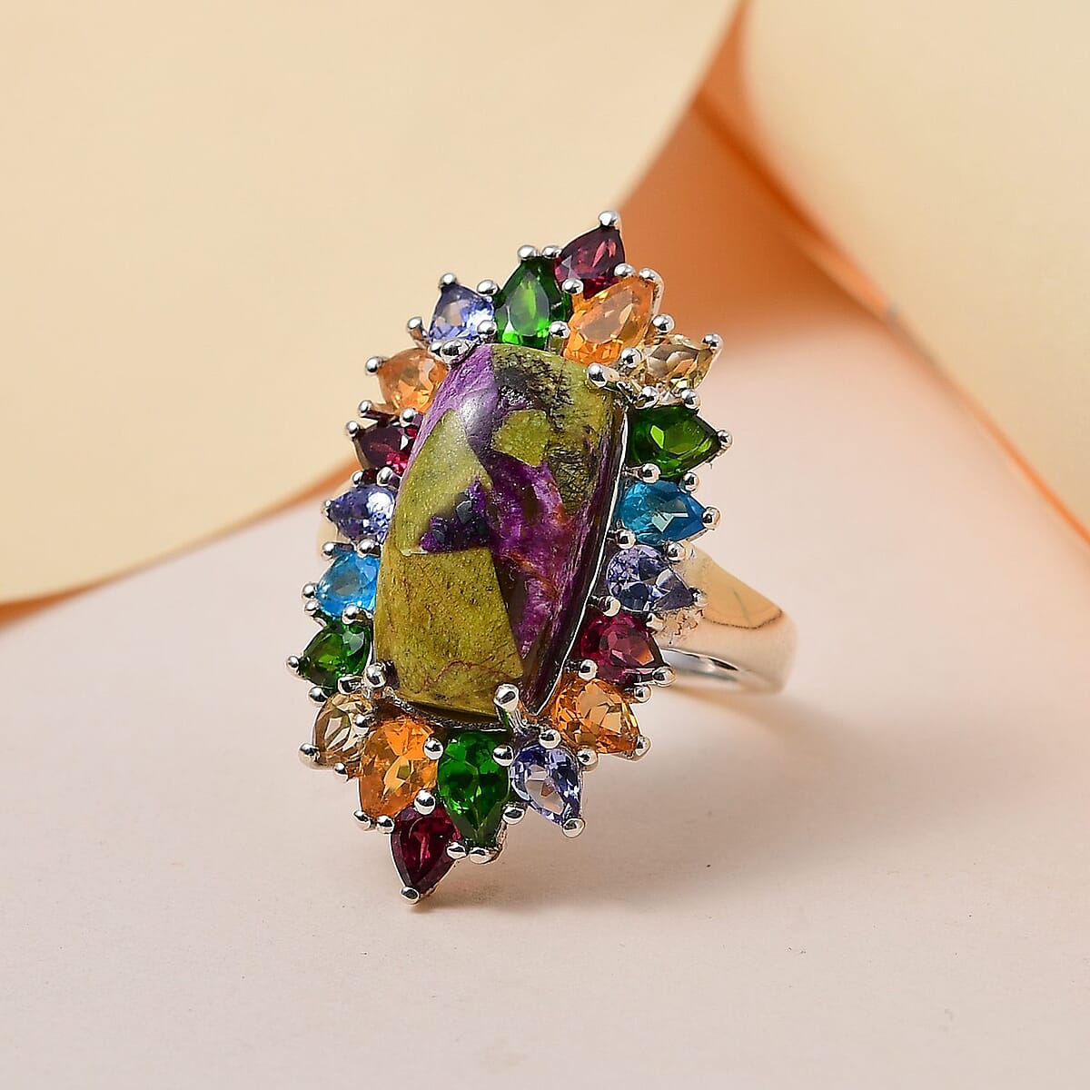 Tasmanian Stichtite and Multi Gemstone Elongated Ring in Platinum Over Sterling Silver (Size 10.0) 8.50 ctw image number 1