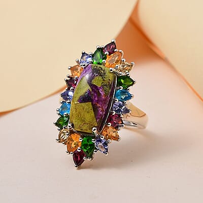 Tasmanian Stichtite and Multi Gemstone Elongated Ring in Platinum Over Sterling Silver (Size 10.0) 8.50 ctw