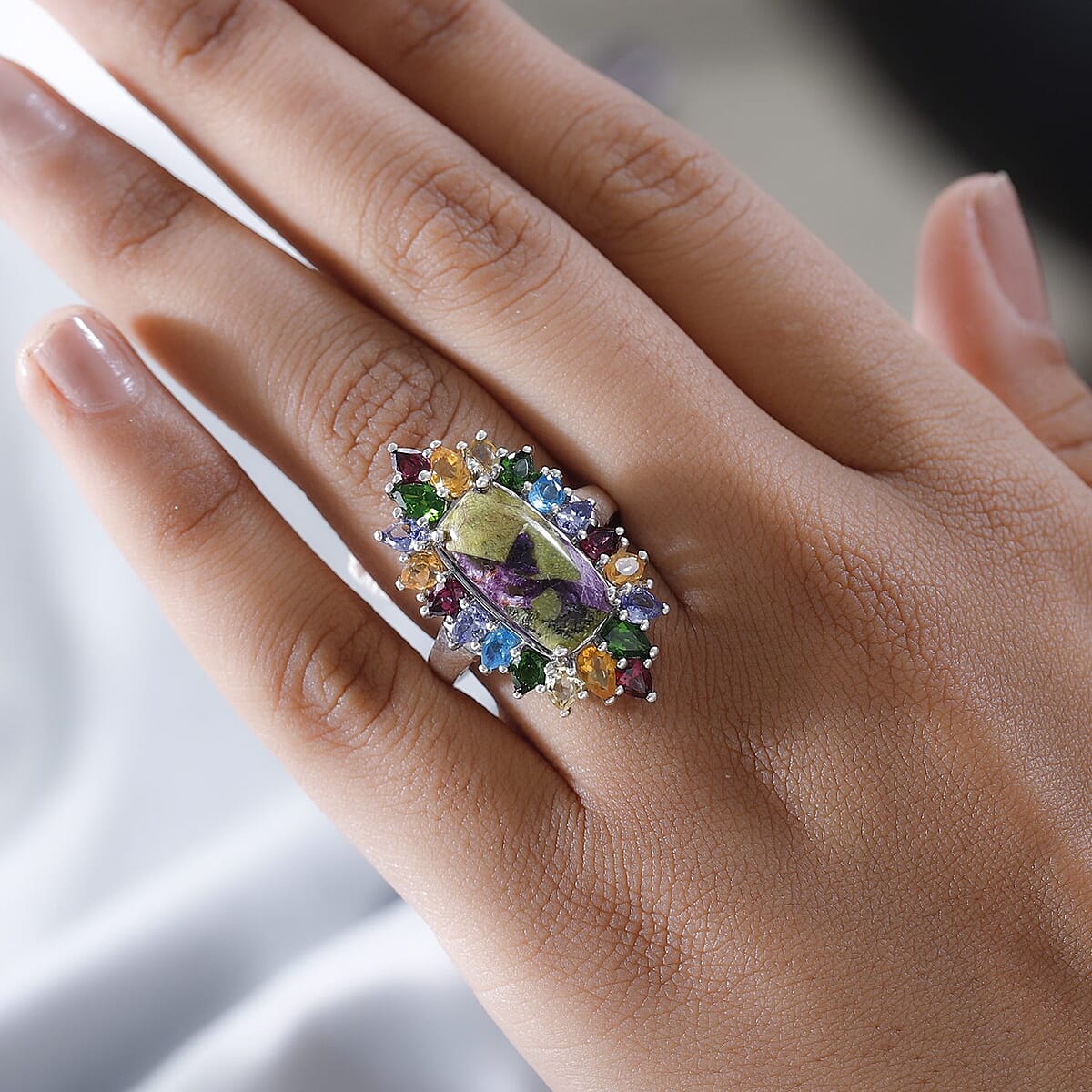 Tasmanian Stichtite and Multi Gemstone Elongated Ring in Platinum Over Sterling Silver (Size 10.0) 8.50 ctw image number 2
