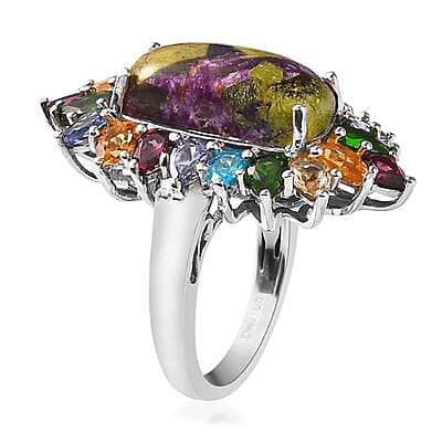 Tasmanian Stichtite and Multi Gemstone Elongated Ring in Platinum Over Sterling Silver (Size 10.0) 8.50 ctw