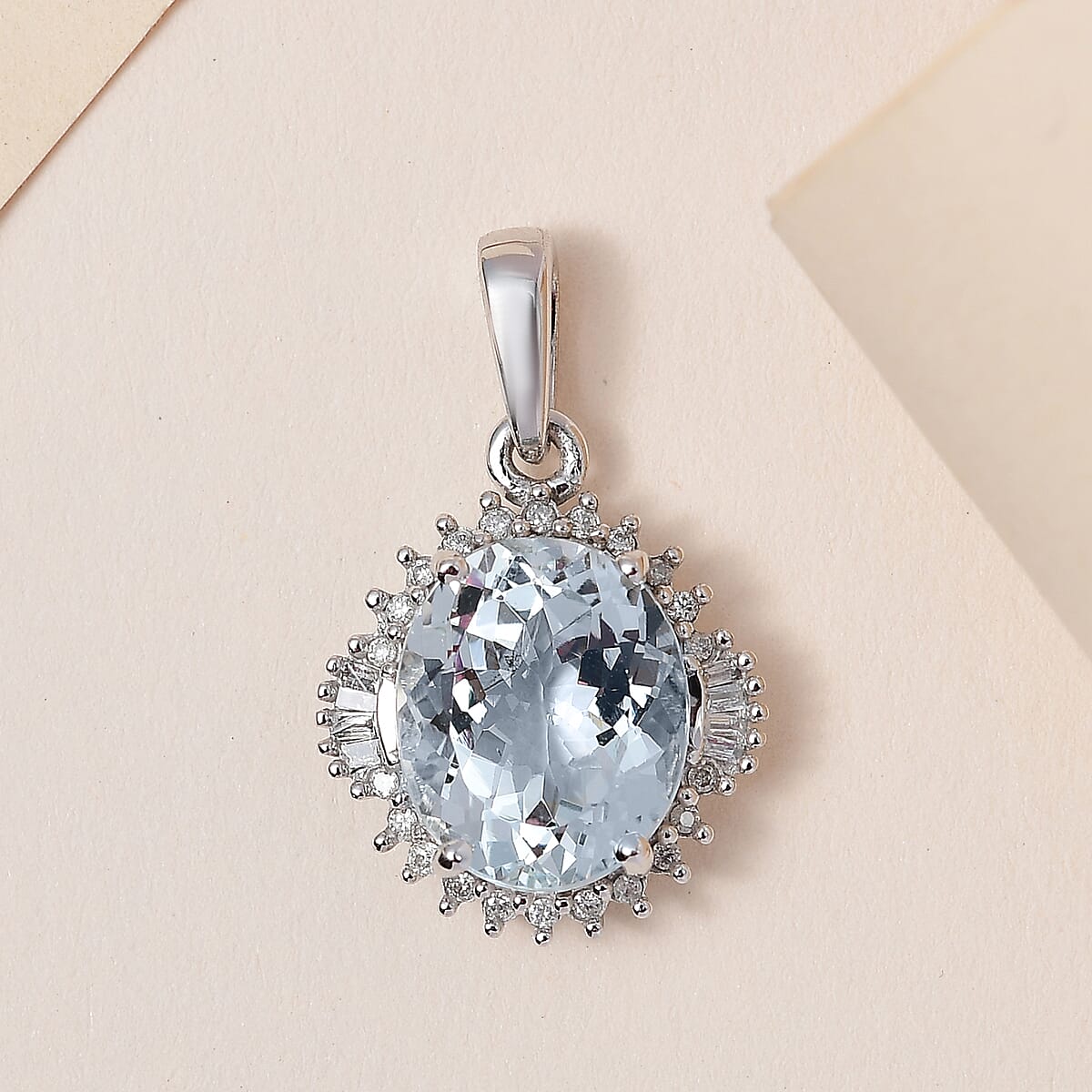 Luxoro 10K White Gold Premium Mangoro Aquamarine and Diamond Sunburst Pendant without Chain 4.25 ctw image number 1