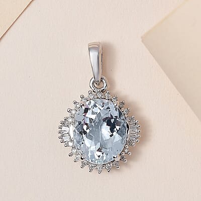 Luxoro 10K White Gold Premium Mangoro Aquamarine and Diamond Sunburst Pendant without Chain 4.25 ctw