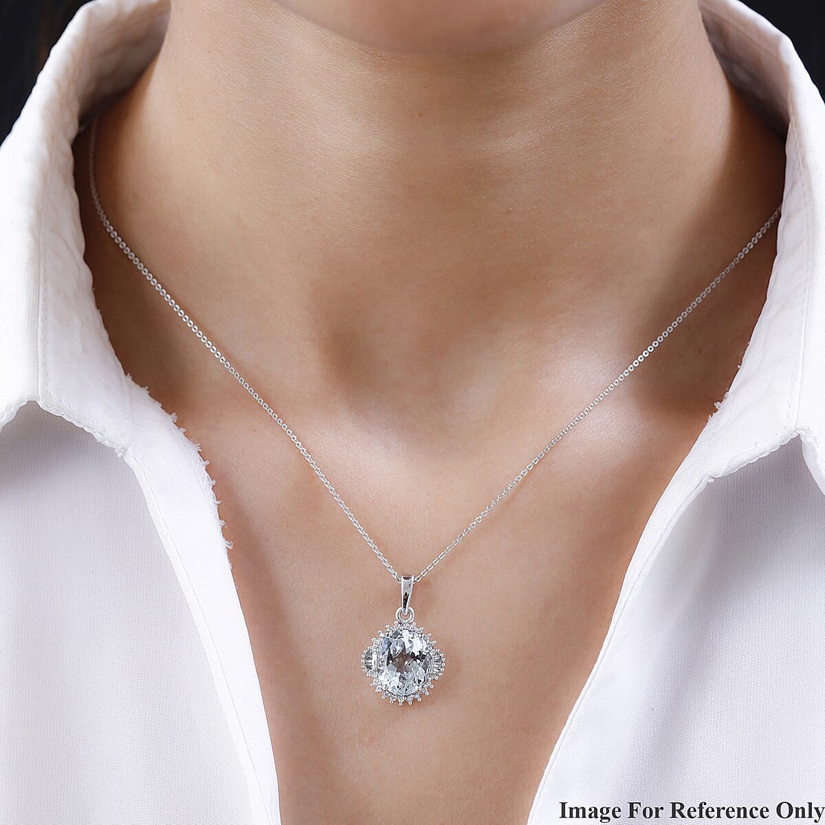 Luxoro 10K White Gold Premium Mangoro Aquamarine and Diamond Sunburst Pendant without Chain 4.25 ctw image number 2