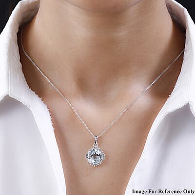 Luxoro 10K White Gold Premium Mangoro Aquamarine and Diamond Sunburst Pendant without Chain 4.25 ctw