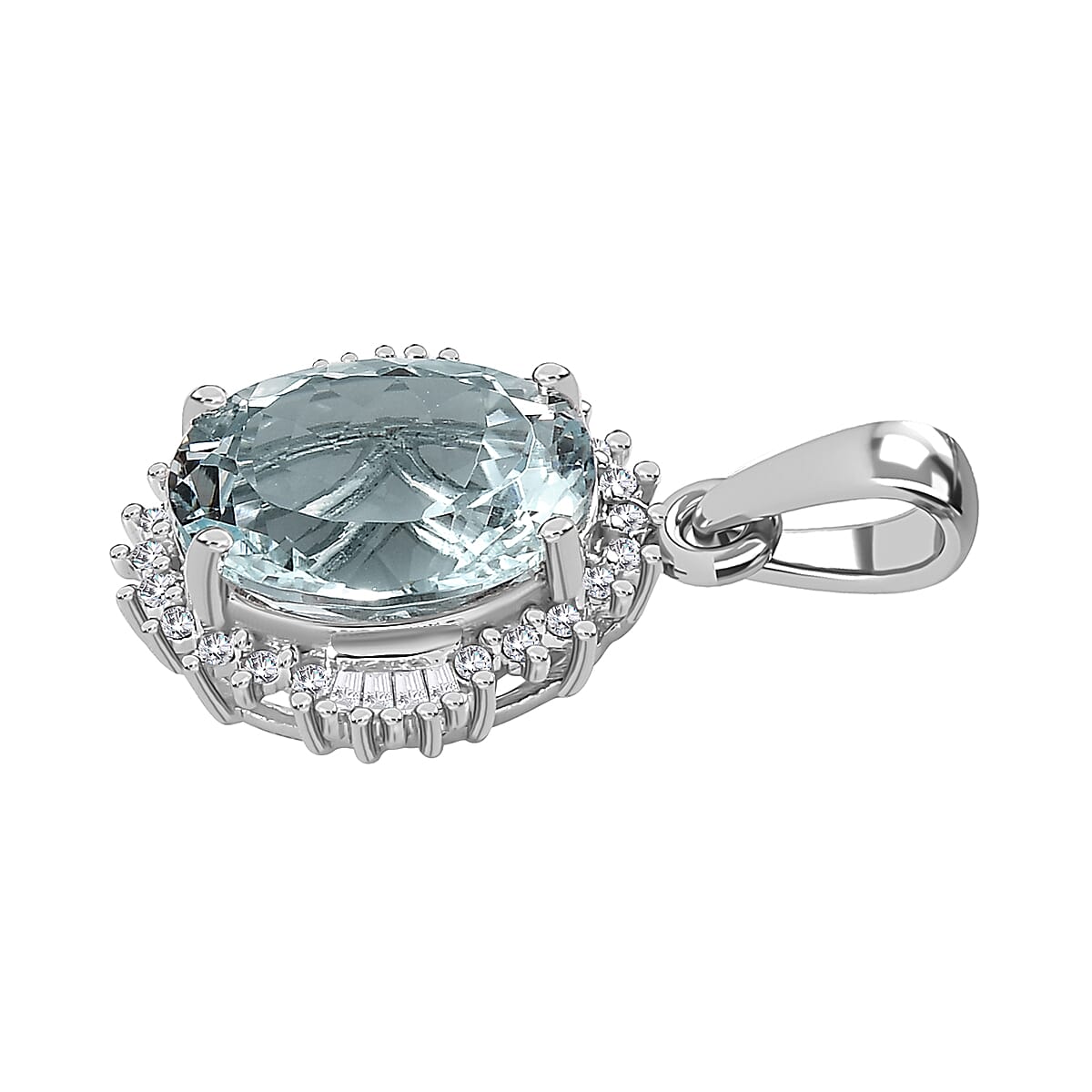 Luxoro 10K White Gold Premium Mangoro Aquamarine and Diamond Sunburst Pendant without Chain 4.25 ctw image number 3