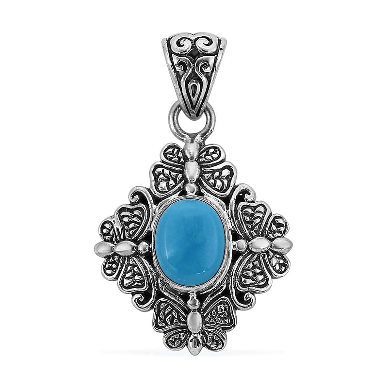 Bali Legacy Sleeping Beauty Turquoise Butterfly & Floral Pendant in Sterling Silver 2.25 ctw