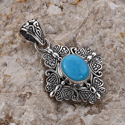 Bali Legacy Sleeping Beauty Turquoise Butterfly & Floral Pendant in Sterling Silver 2.25 ctw