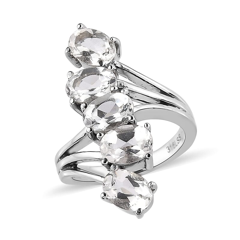 White Topaz 5 Stone Ring in Stainless Steel (Size 10.0) 4.75 ctw