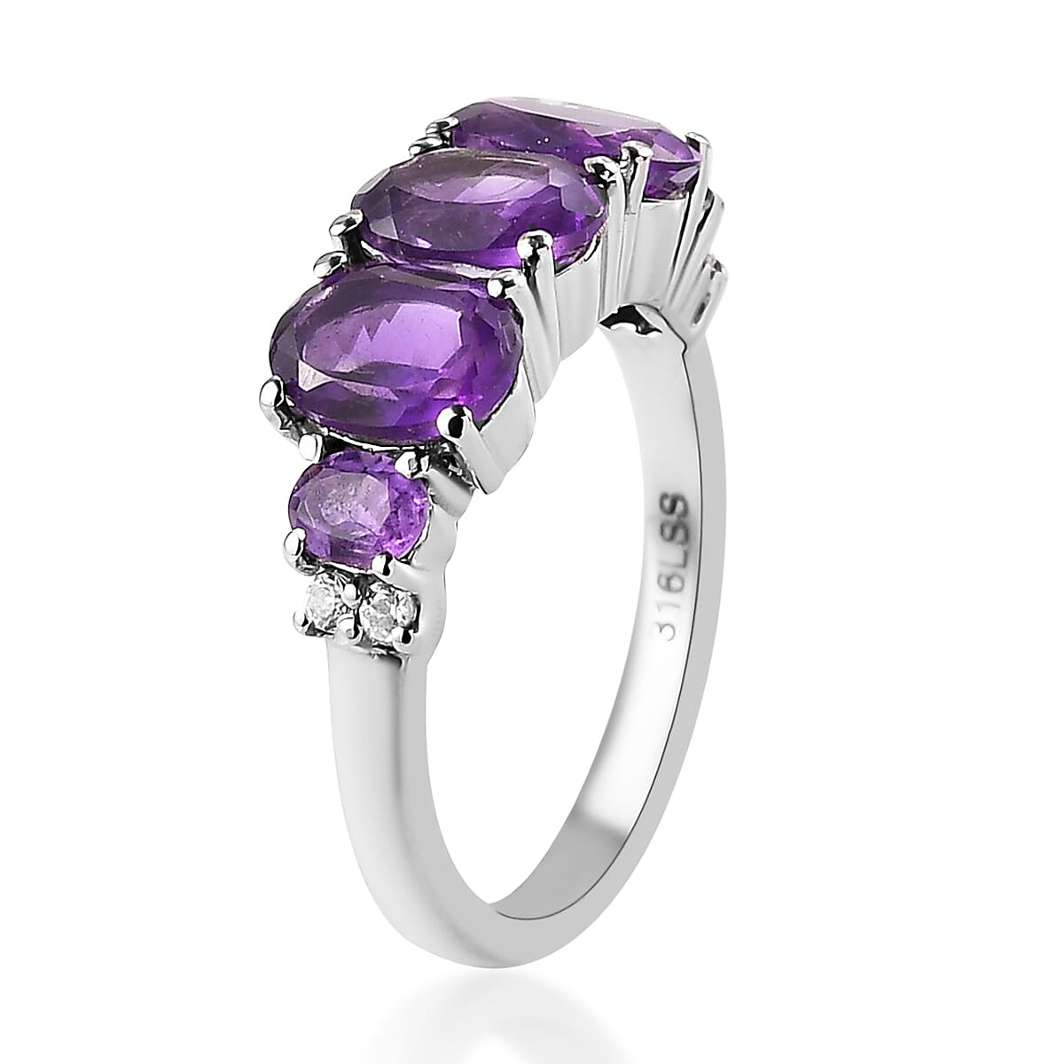 Amethyst, White Topaz Ring in Stainless Steel (Size 8.0) 1.50 ctw | Tarnish-Free, Waterproof, Sweat Proof Jewelry image number 3