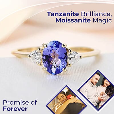 Luxoro AAA Tanzanite Ring, Moissanite Accent Ring, Trilogy Ring, Three Stone Ring, 10K Yellow Gold Ring, Promise Ring For Her, Gold Gift For Her 1.15 ctw