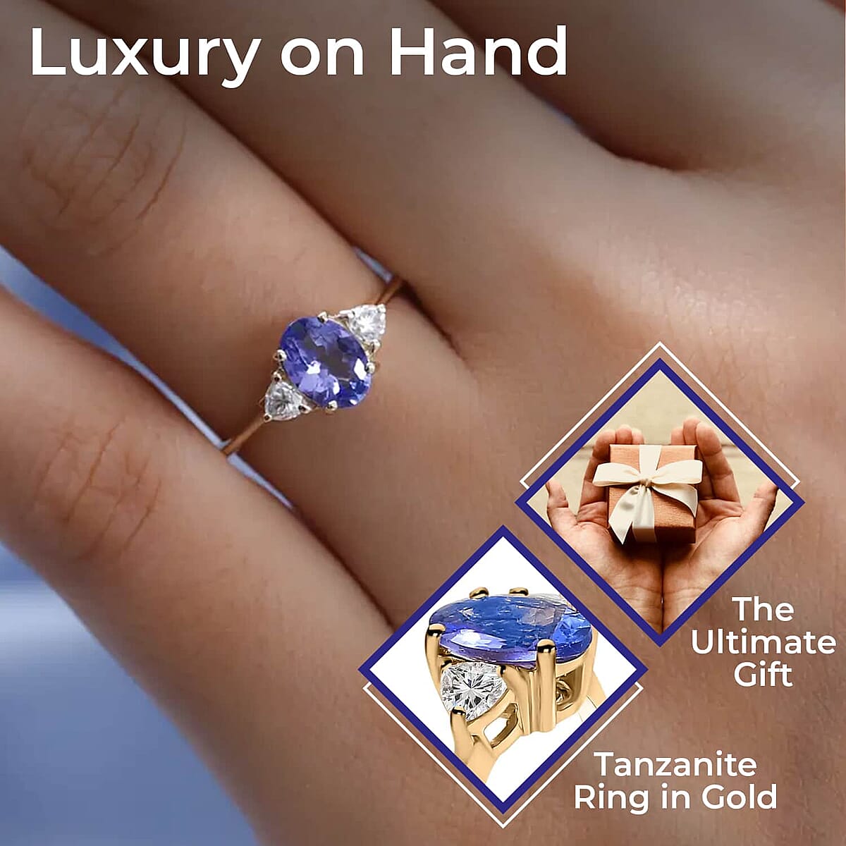 Luxoro AAA Tanzanite Ring, Moissanite Accent Ring, Trilogy Ring, Three Stone Ring, 10K Yellow Gold Ring, Promise Ring For Her, Gold Gift For Her 1.15 ctw image number 2