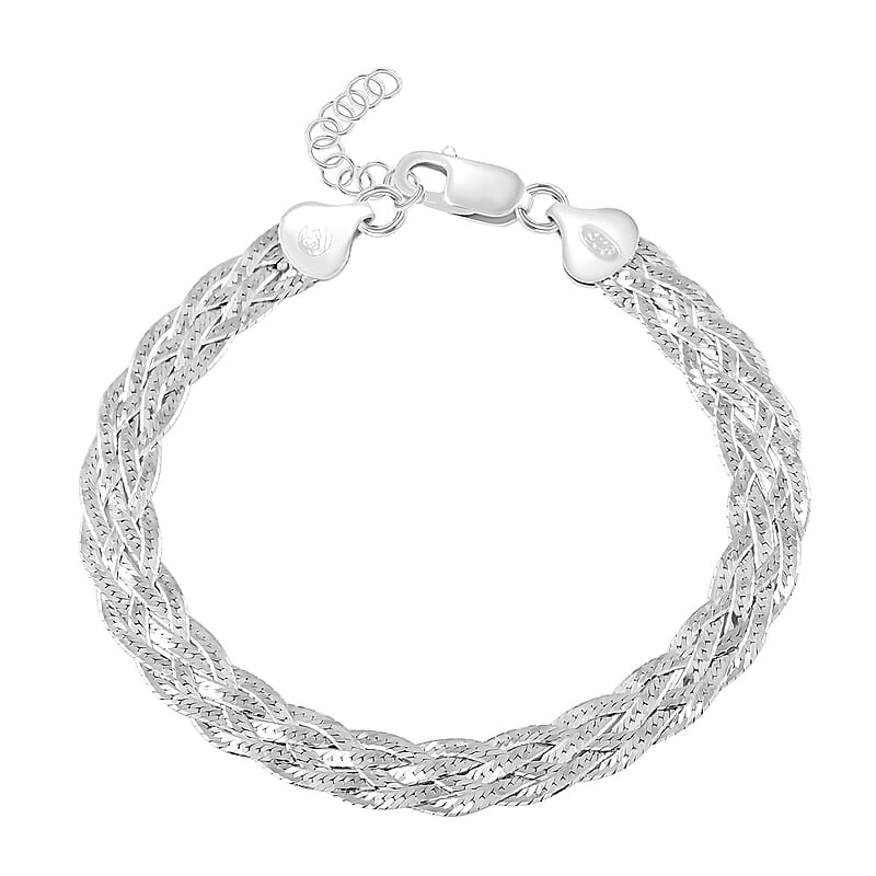Italian Sterling Silver 5 Lines Braided Herringbone Chain Bracelet (7.0-8.0In) 5.70 Grams