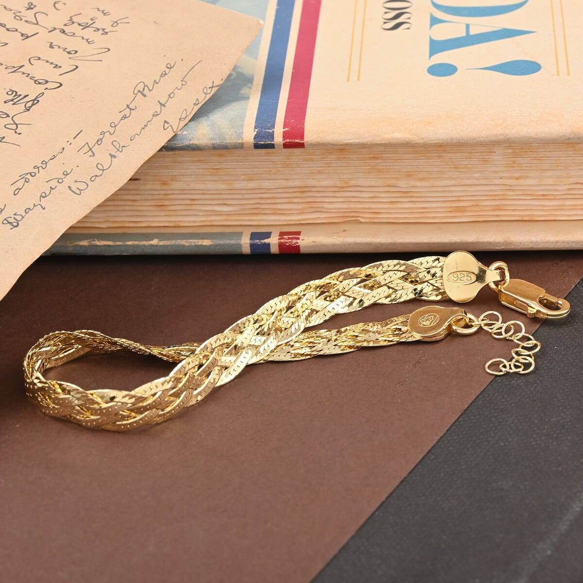 Italian 14K Yellow Gold Over Sterling Silver 5 Lines Braided Herringbone Chain Bracelet (7.0-8.0In) 5.70 Grams image number 1