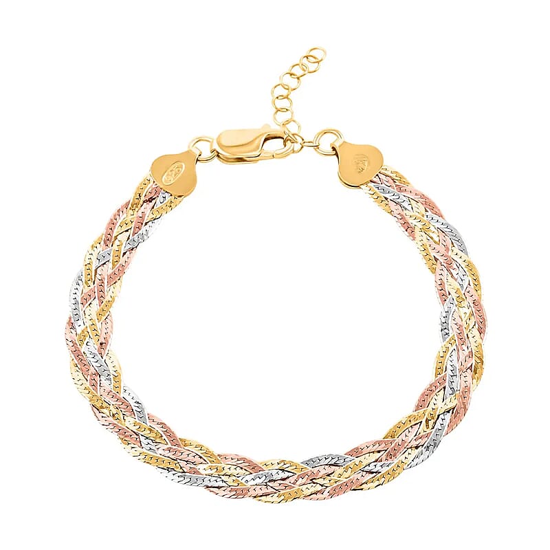 5 Lines Braided Herringbone Bracelet, Tri Tone Bracelet, Italian 14K Yellow Rose Gold Over Sterling Silver Bracelet, Adjustable Bracelet 5.80 Grams