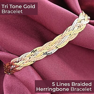 5 Lines Braided Herringbone Bracelet, Tri Tone Bracelet, Italian 14K Yellow Rose Gold Over Sterling Silver Bracelet, Adjustable Bracelet 5.80 Grams