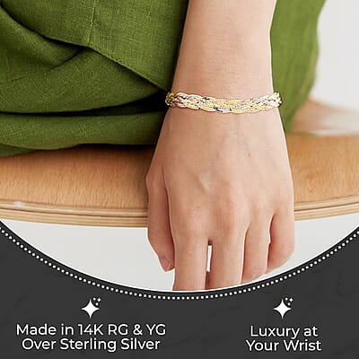 5 Lines Braided Herringbone Bracelet, Tri Tone Bracelet, Italian 14K Yellow Rose Gold Over Sterling Silver Bracelet, Adjustable Bracelet 5.80 Grams