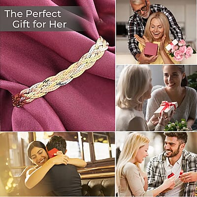 5 Lines Braided Herringbone Bracelet, Tri Tone Bracelet, Italian 14K Yellow Rose Gold Over Sterling Silver Bracelet, Adjustable Bracelet 5.80 Grams