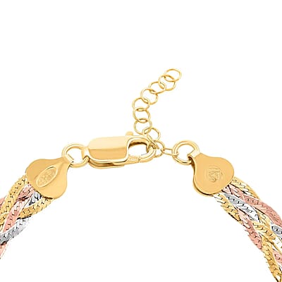 5 Lines Braided Herringbone Bracelet, Tri Tone Bracelet, Italian 14K Yellow Rose Gold Over Sterling Silver Bracelet, Adjustable Bracelet 5.80 Grams