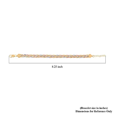 5 Lines Braided Herringbone Bracelet, Tri Tone Bracelet, Italian 14K Yellow Rose Gold Over Sterling Silver Bracelet, Adjustable Bracelet 5.80 Grams