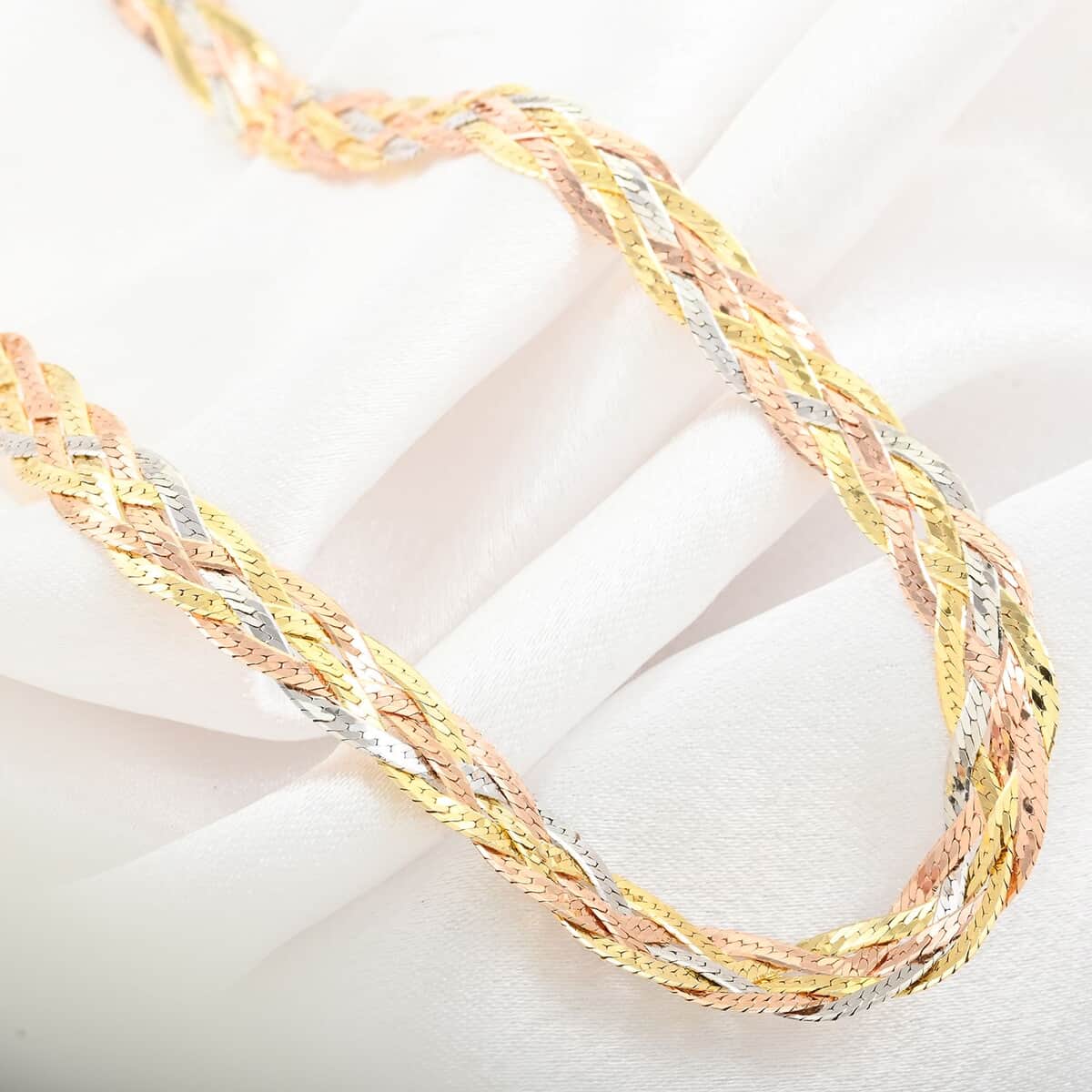 Italian 14K Yellow Rose Gold Over and Sterling Silver 5 Lines Braided Herringbone Necklace 18 Inches 12.90 Grams image number 1