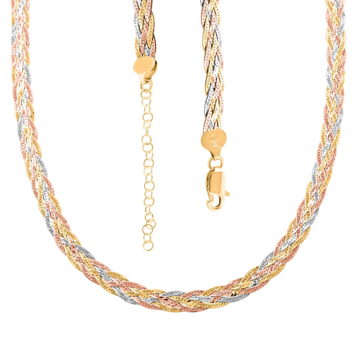 Italian 14K Yellow Rose Gold Over and Sterling Silver 5 Lines Braided Herringbone Necklace 18 Inches 12.90 Grams image number 3