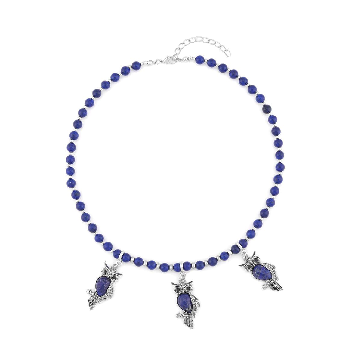 Lapis Lazuli and Black Glass Beaded Necklace 18-20 Inches with 3 Owl Charm Pendant in Black Oxidized Silvertone 115.00 ctw image number 0