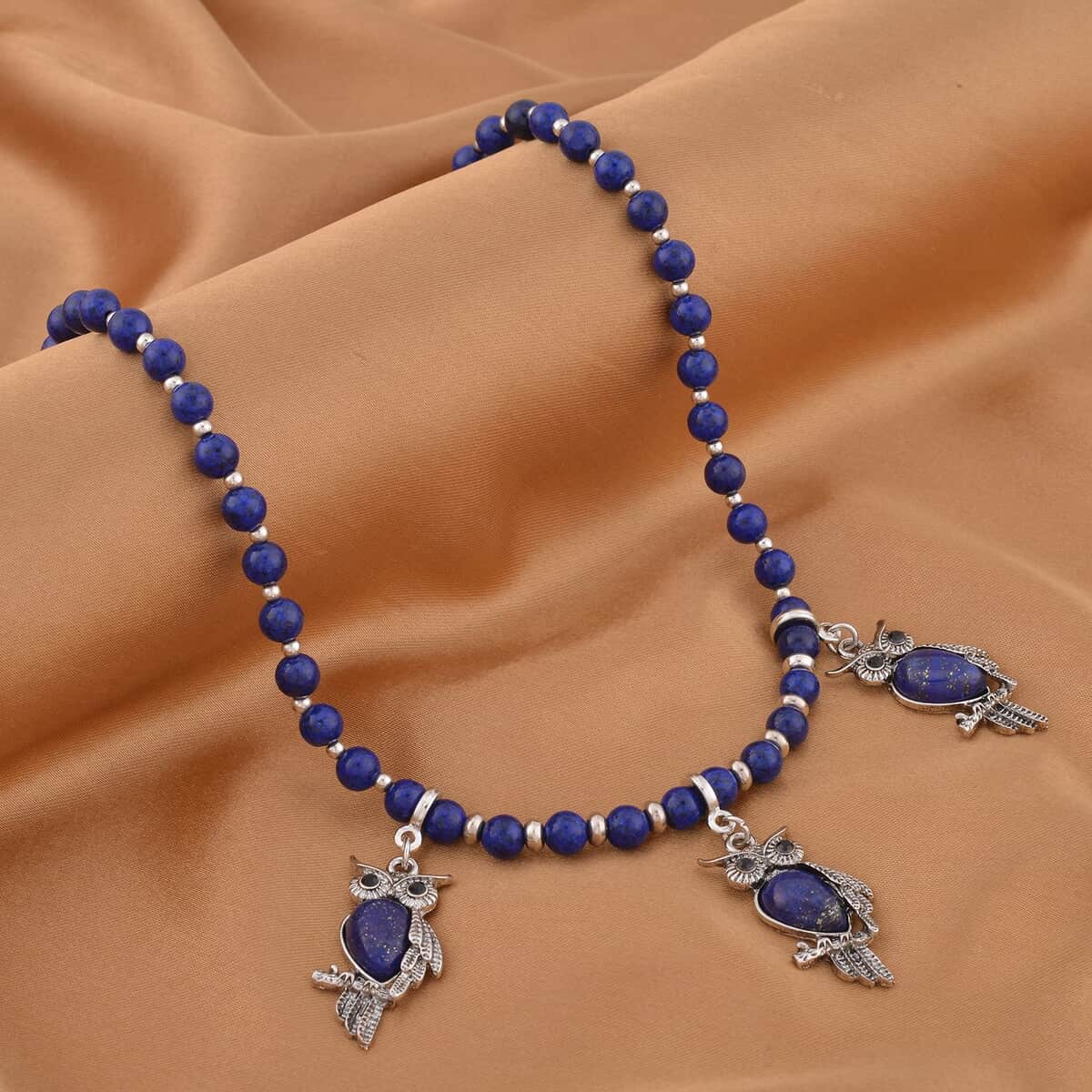 Lapis Lazuli and Black Glass Beaded Necklace 18-20 Inches with 3 Owl Charm Pendant in Black Oxidized Silvertone 115.00 ctw image number 1