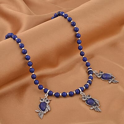 Lapis Lazuli and Black Glass Beaded Necklace 18-20 Inches with 3 Owl Charm Pendant in Black Oxidized Silvertone 115.00 ctw