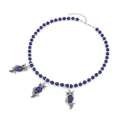Lapis Lazuli and Black Glass Beaded Necklace 18-20 Inches with 3 Owl Charm Pendant in Black Oxidized Silvertone 115.00 ctw