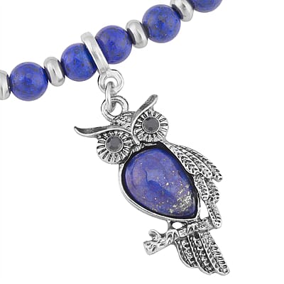 Lapis Lazuli and Black Glass Beaded Necklace 18-20 Inches with 3 Owl Charm Pendant in Black Oxidized Silvertone 115.00 ctw