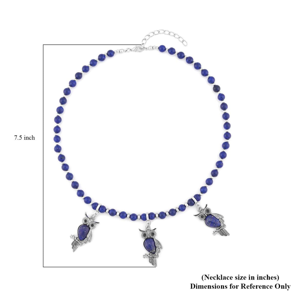 Lapis Lazuli and Black Glass Beaded Necklace 18-20 Inches with 3 Owl Charm Pendant in Black Oxidized Silvertone 115.00 ctw image number 4