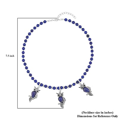 Lapis Lazuli and Black Glass Beaded Necklace 18-20 Inches with 3 Owl Charm Pendant in Black Oxidized Silvertone 115.00 ctw