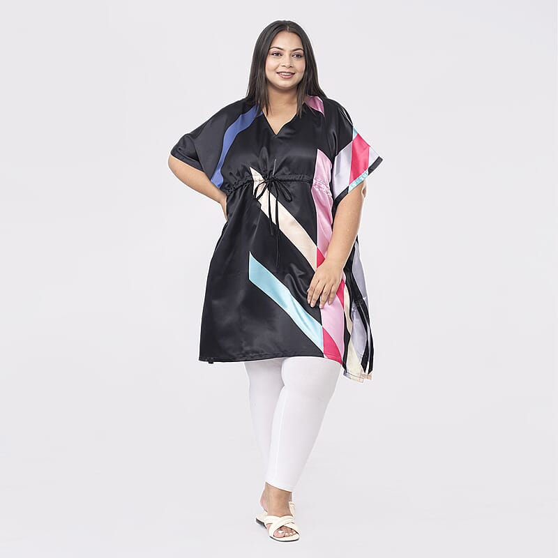 Tamsy Multi Color Abstract Printed Kaftan with Drawstring - One Size Curve