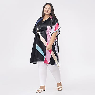 Tamsy Multi Color Abstract Printed Kaftan with Drawstring - One Size Curve
