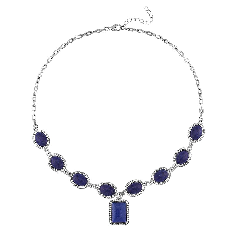 Lapis Lazuli and White Austrian Crystal Necklace 18-20 Inches in Silvertone 90.00 ctw