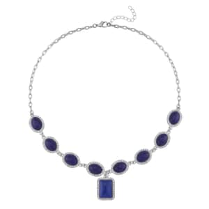 Lapis Lazuli and White Austrian Crystal Necklace 18-20 Inches in Silvertone 90.00 ctw