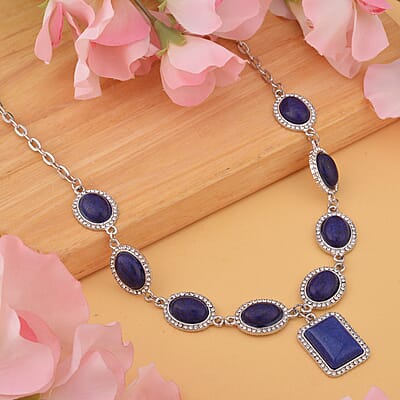 Lapis Lazuli and White Austrian Crystal Necklace 18-20 Inches in Silvertone 90.00 ctw