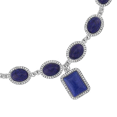 Lapis Lazuli and White Austrian Crystal Necklace 18-20 Inches in Silvertone 90.00 ctw