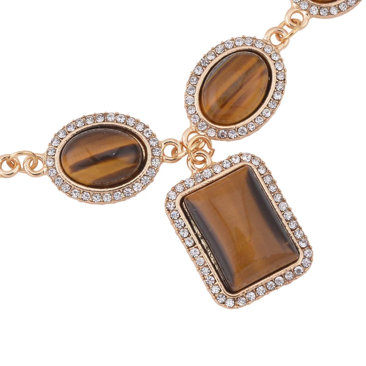 Yellow Tiger's Eye and White Austrian Crystal Necklace 18-20 Inches in Goldtone 90.00 ctw image number 2