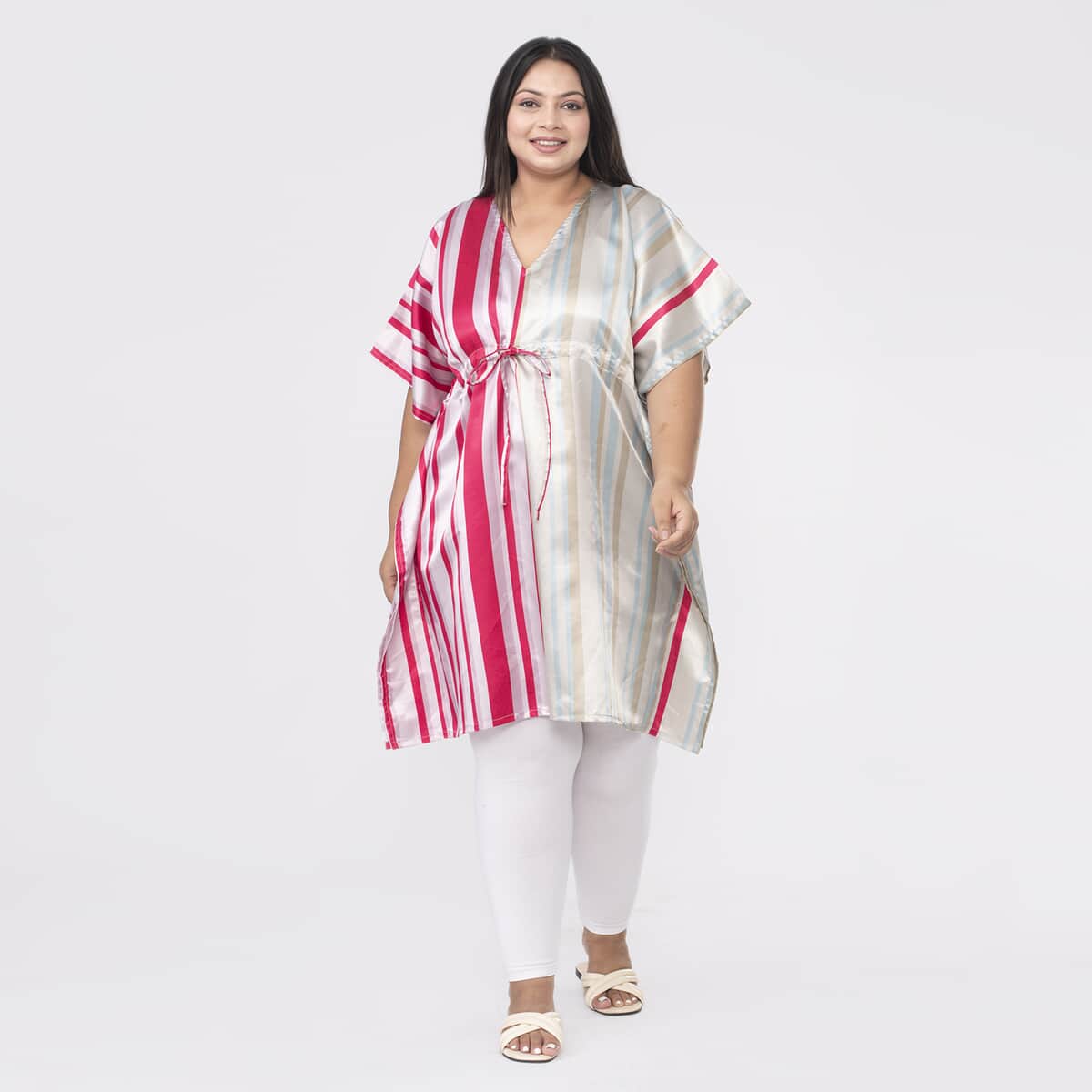 Tamsy Pink and Light Green Stripe Printed Kaftan with Drawstring - One Size Fits Most image number 0