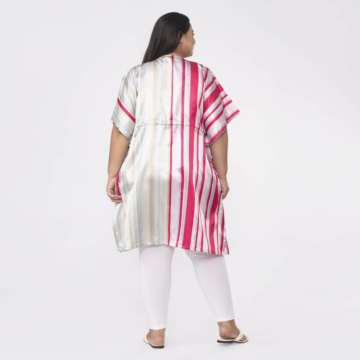 Tamsy Pink and Light Green Stripe Printed Kaftan with Drawstring - One Size Fits Most image number 1