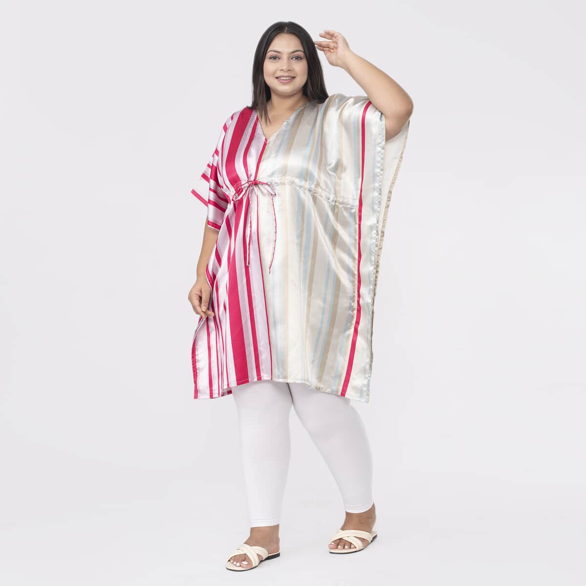 Tamsy Pink and Light Green Stripe Printed Kaftan with Drawstring - One Size Fits Most image number 2