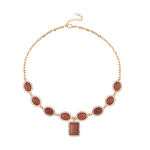 Gold Sandstone and White Austrian Crystal Necklace 18-20 Inches in Goldtone 74.50 ctw